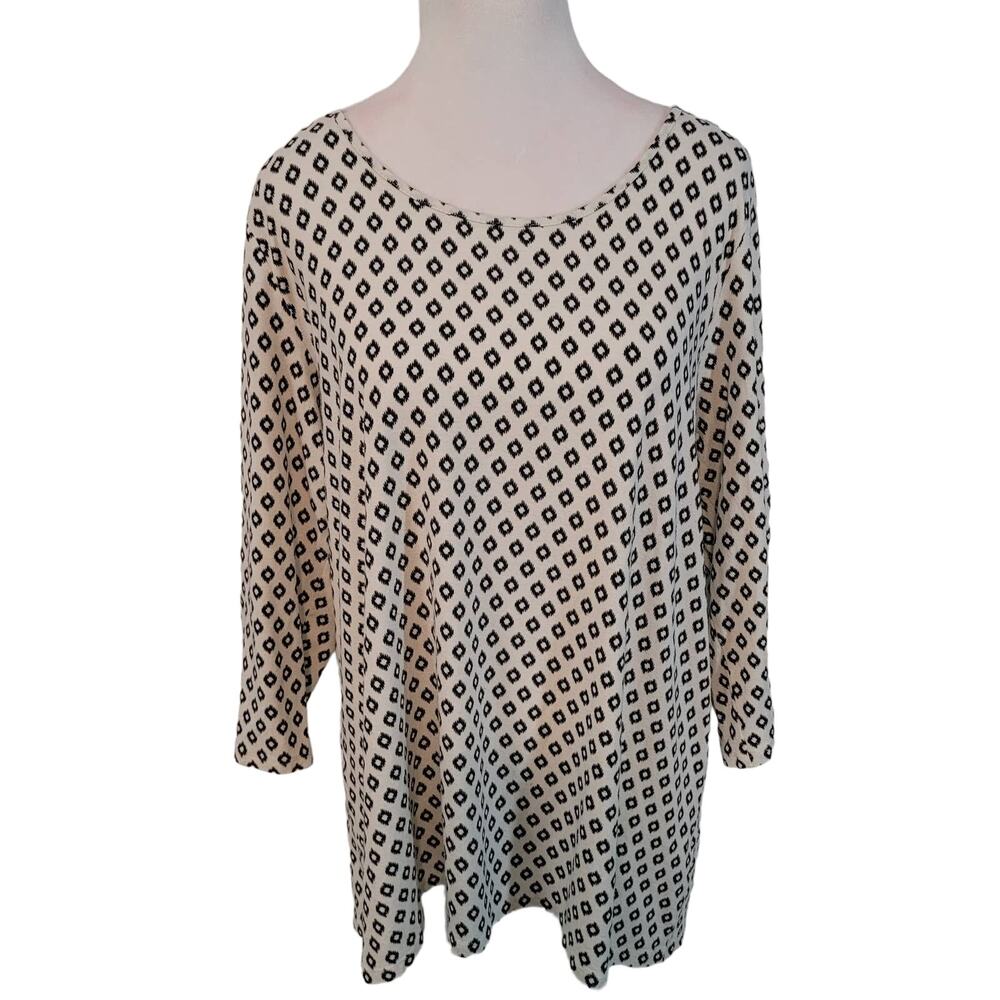 J. Jill Size L Wearever Diamond Print 3/4 Sleeve Tunic Top Black Cream Career